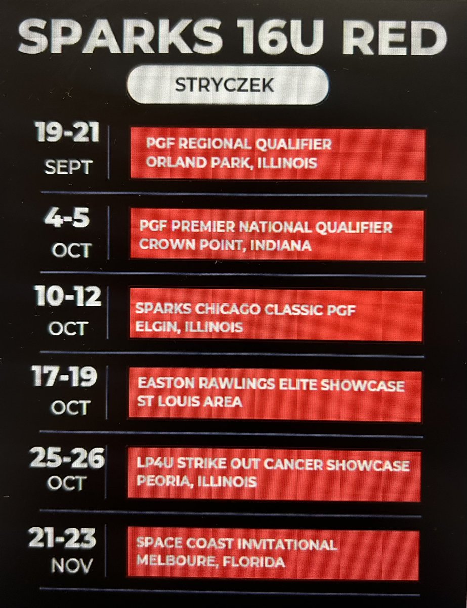Yay Fall Season! Here is my <a href="/Sparks16uRed/">sparks 16u red</a> schedule for this upcoming fall.