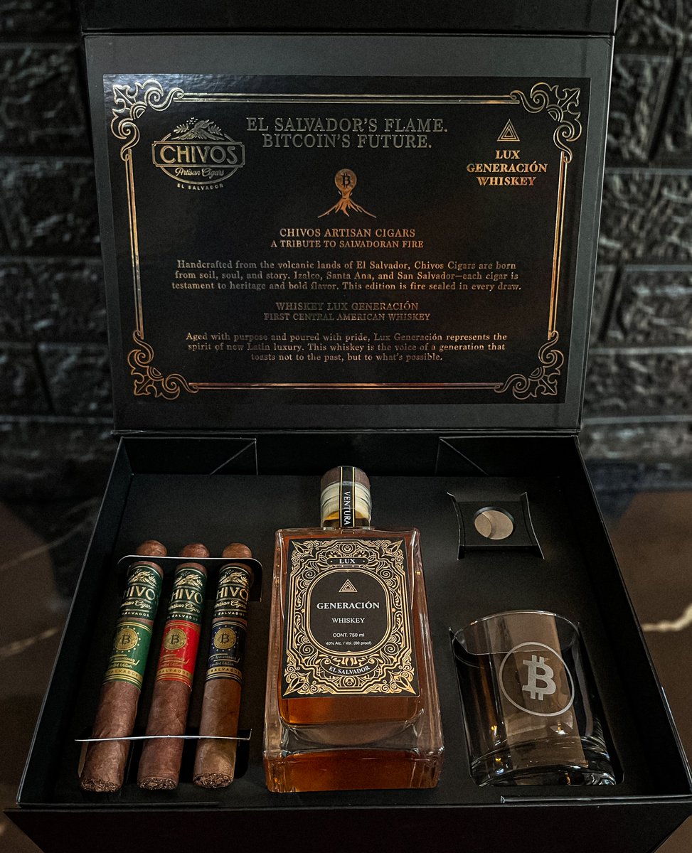 luxgeneraciones's tweet photo. El Salvador enciende su llama. 🇸🇻

Entre el oro líquido de Lux Generación, el fuego de Chivos Artisan Cigars y el espíritu de Bitcoin, celebramos el Aniversario Bitcoin IV con una subasta que honra nuestra tierra y su futuro. 🔥

Disfruta con elegancia y responsabilidad. https://t.co/kOlqVaCJHX