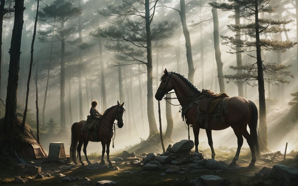 vu2lid's tweet image. A lone rider exchanged quiet understanding with a horse in a clearing where dawn bled into mist.
Painterly realism, dawn forest clearing, warm natural light. #AIArt #MemoryField