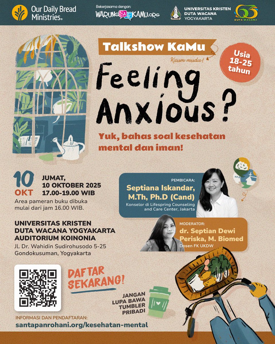 warungsatekamu's tweet image. Kalau kamu pernah merasa lelah dan terkuras secara emosi, kamu nggak sendirian 🥹

Our Daily Bread Ministries mengundangmu untuk #SpeakOpenly tentang kecemasanmu dan mendapatkan insight dari firman Tuhan yang menolongmu pulih bersama Kristus.  

Catat di agendamu, Talkshow KaMu –