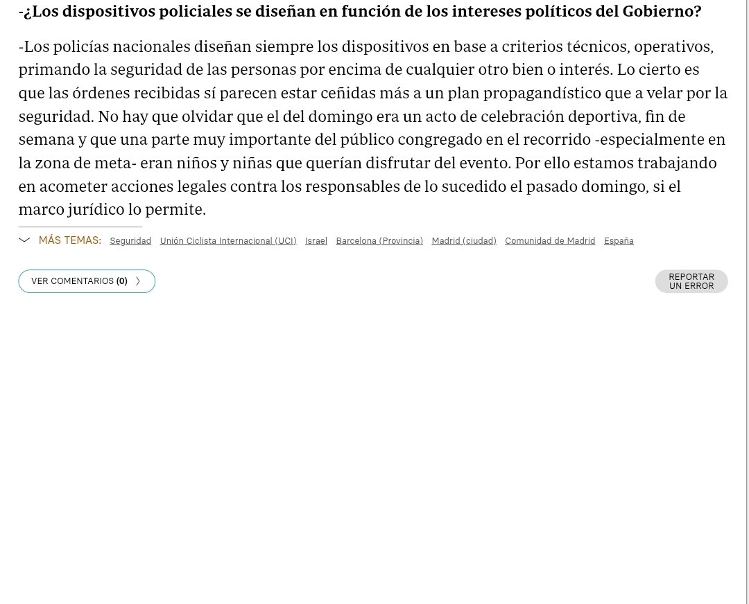 Nuestra sec gral Mónica Gracia, para <a href="/abc_es/">ABC.es</a>
Las ordenes parecen estar ceñidas a un plan propagandístico
Los incidentes se podían haber evitado si hubieran dejado actuar como saben a nuestros compañeros de la UIP
Los responsables de lo sucedido son desde el Delegado del Gobierno
