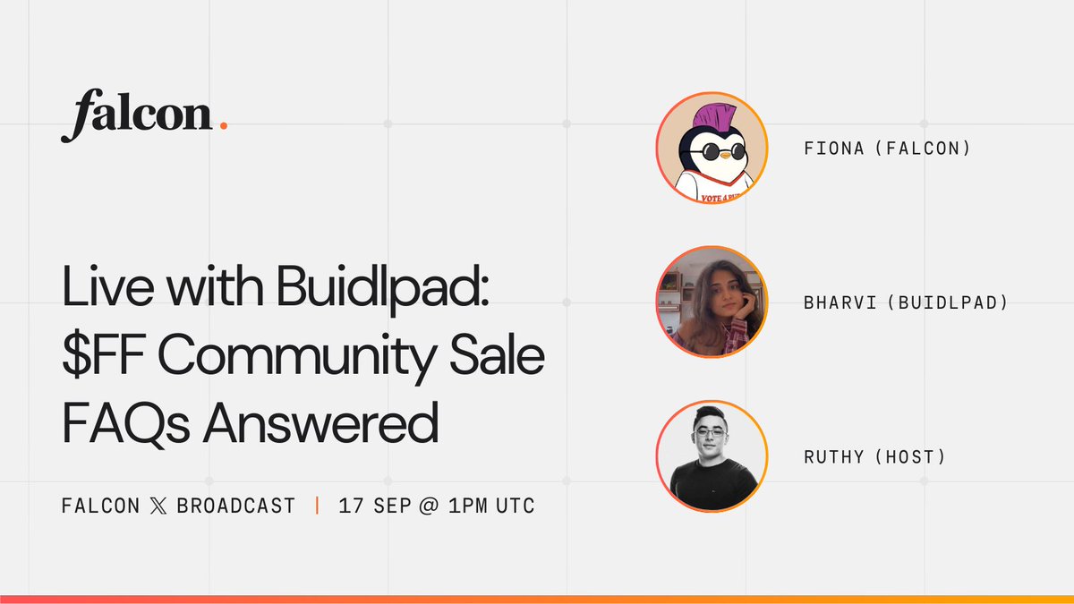 falconfinance's tweet image. 🤩 Trying to secure $FF Tier 1 allocation at $350M FDV?
🥹 Not sure if your staking qualifies or have other concerns?
🤓 What are the key steps &amp;amp; timeline, such as passing KYC?

We’re going live with @buidlpad to break it all down.
📅 Sept 17, 1PM UTC
🎙 Fiona × Bharvi × Ruthy