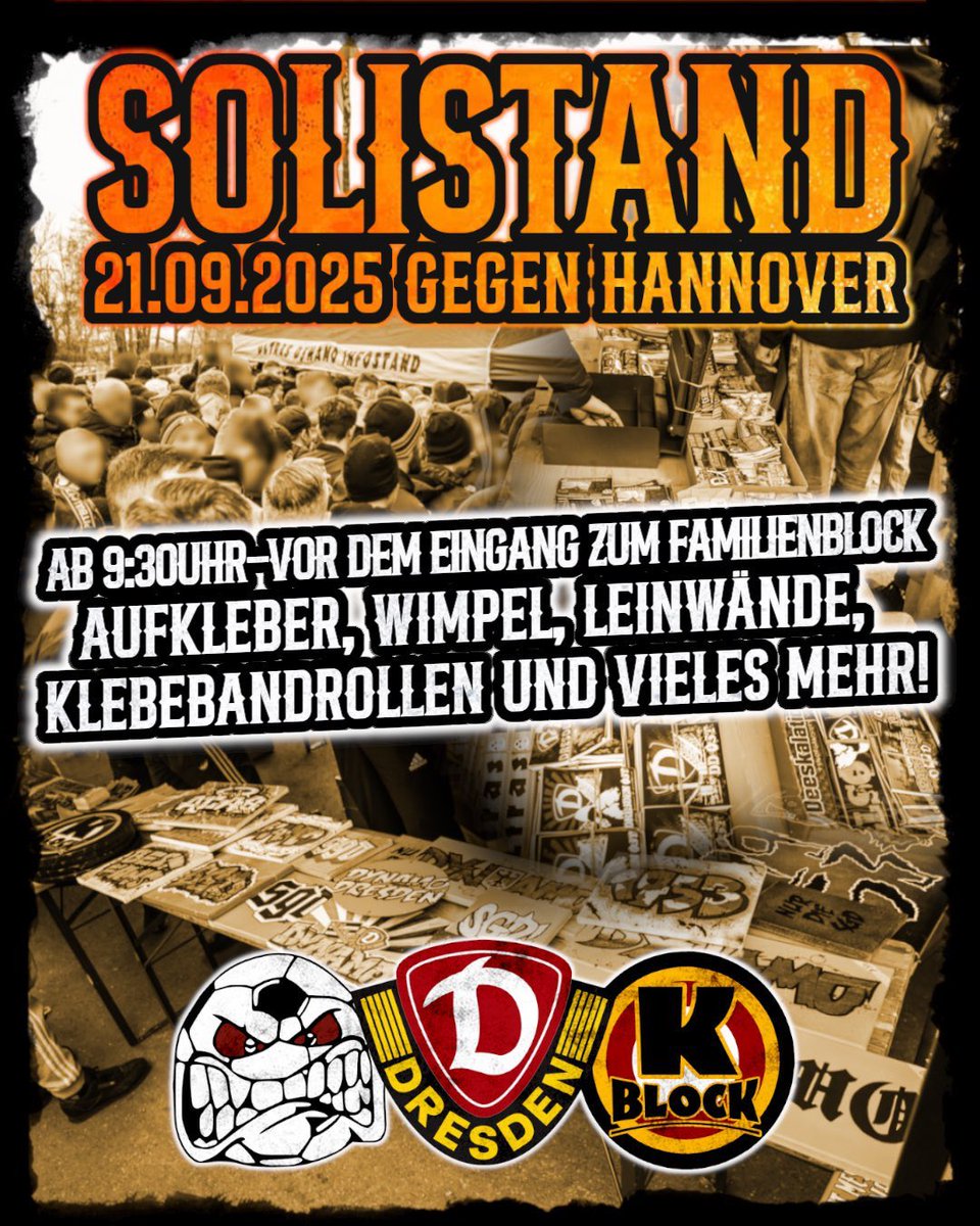 K_BLOCK_DYNAMO's tweet image. Hallo Dynamofans,

zum kommenden Heimspiel gegen Hannover 96 wird es am Sonntag vor dem Spiel ab 9.30 Uhr, sowie nach dem Spiel, wieder einen Solistand vor dem Stadion am gewohnten Standort neben dem Eingang zum Familienblock geben.

#sgd1953 #dynamoland #dresden