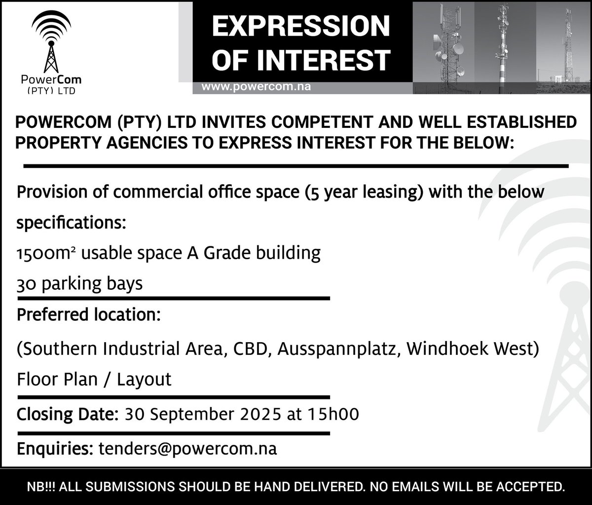 Procurement opportunities at PowerCom.

Provision of Commercial Office Space

#opportunities #towerbusiness #passiveinfrastructures