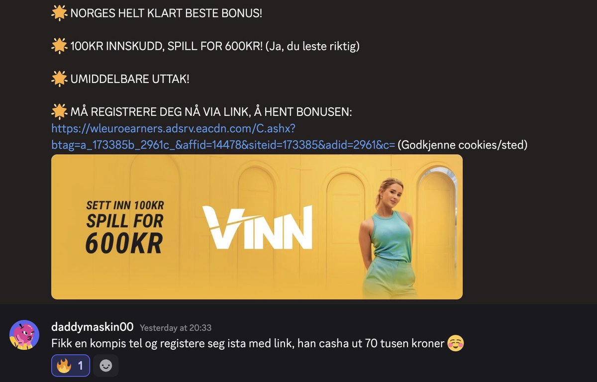 100kr innskudd -> 70.000 uttak✅

KONKURRANSE:
🎈RT + Følg
🎯250kr til en person!

Fortsatt ikke hentet deg bonusen?

🎉NORGES RÅESTE BONUS!

🎉100KR INNSKUDD - FÅ 600KR!

🎉NORSKE FOLK BAK SIDEN!

🎉REGISTRER HER: wleuroearners.adsrv.eacdn.com/C.ashx?btag=a_…
(godkjenn cookies/sted