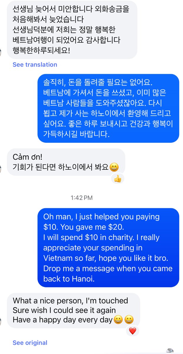 zozovp's tweet image. Helped a Korean couple at the airport when their card was declined. Paid $10 for their meal, didn’t expect anything back.

Days later, he sent me $20.
I donated the extra $10 to charity.
Small kindness → bigger kindness. That’s how the world gets better. 🌏✨