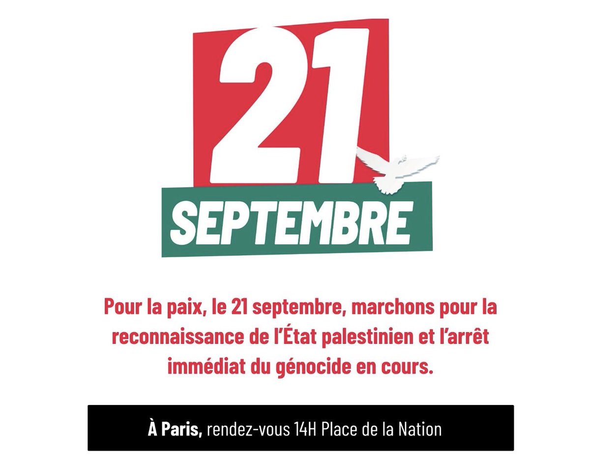 Les Gazaouis ont vécu une nouvelle nuit de terreur.

Stop.

Un cessez-le-feu immédiat doit rentrer en vigueur et des sanctions doivent être actionnées.

Le 21 septembre, marchons pour la reconnaissance de l’État palestinien et l’arrêt immédiat du génocide en cours.