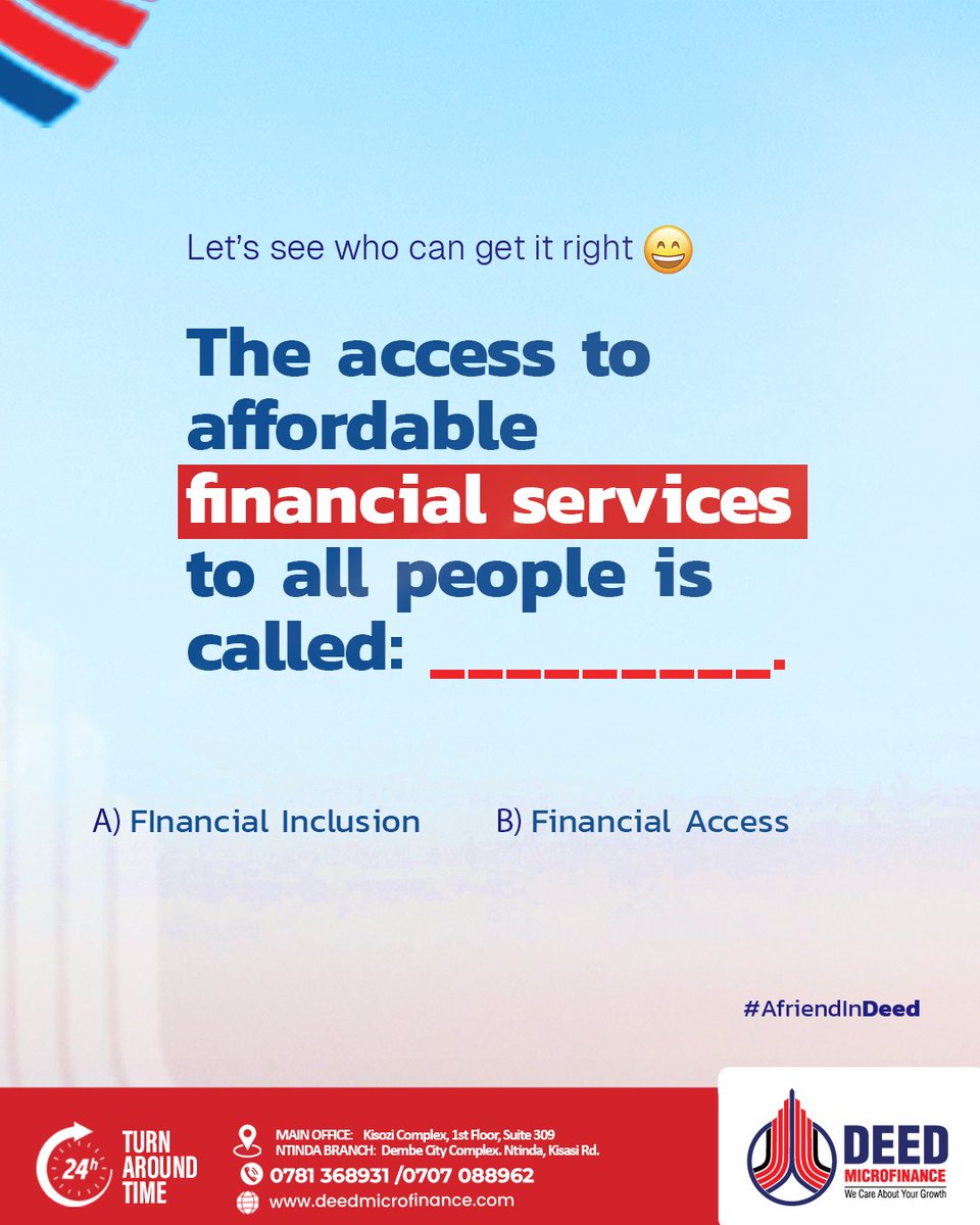 DeedLoans's tweet photo. Ready for a quick challenge? π What is the access to affordable financial services to all people called?π€
Share your answer in the comments! π
#AfriendInDeed #FinancialInclusion #MicrofinanceUganda #Microfinance #FinanceSupport #DeedMicrofinance https://t.co/EoNkEjwyk7