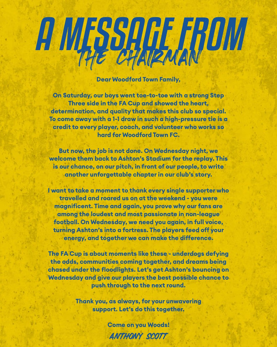 The Chairman has penned a letter to our supporters ahead of tomorrow’s <a href="/EmiratesFACup/">Emirates FA Cup</a> Second Qualifying Round Replay against Bury Town. ✍️