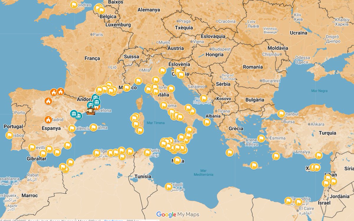 He afegit al Web un mapa amb tots els Consolats del Mar, llotges i Consolats dels Catalans.

Això ens dona una idea de l'importància del comerç marítim a la Corona i de l'influència catalana al Mediterrani.

mapadecastells.cat/mapa-de-consol…