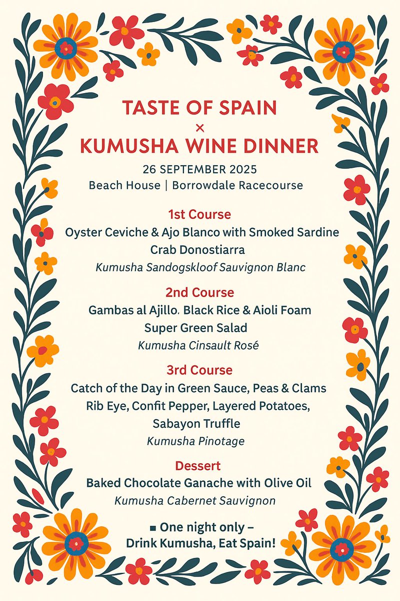 Taste of Spain 🇪🇸 Harare pop-up.
Friday 26th September 7pm
US$65
Beach House.
4 Courses |  4 Kumusha Wines.
Presented by Chef José Manuel Sanchez!
Book your table now.
+263 777 321 124
