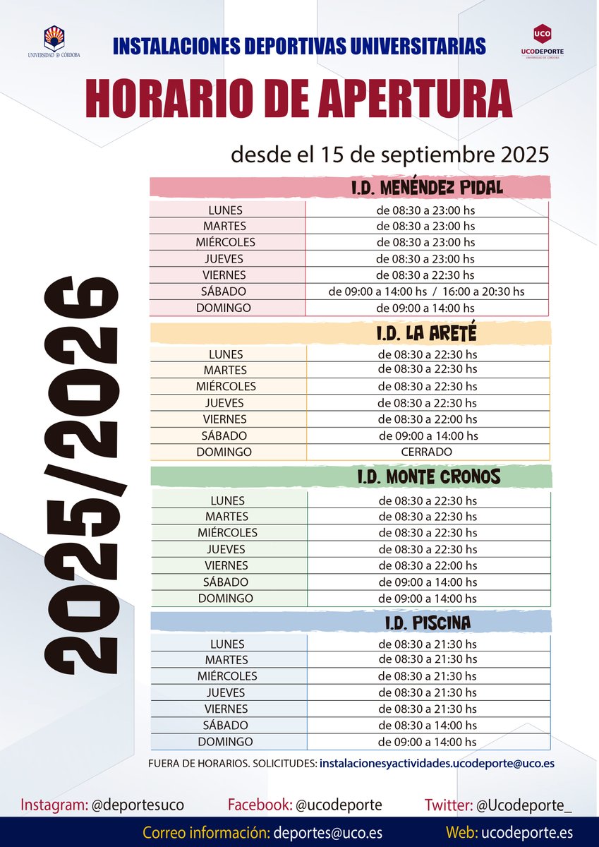 #UcodeporteInforma

Nuevo horario de apertura de las instalaciones deportivas universitarias desde el 15 de septiembre de 2025.

Consulta on line cada vez que lo necesites el horario vigente en la sección INFORMACIÓN AL CLIENTE de nuestra web ucodeporte.es