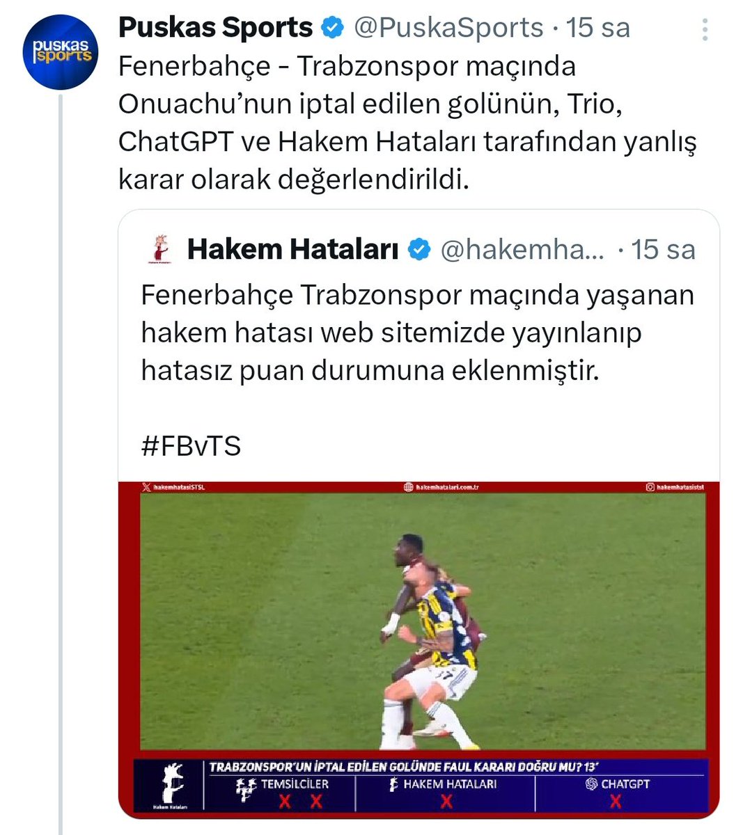 Galatasaray lehine skandak hataların üzerini örtmek ve ters algı için kurulan <a href="/hakemhatasiSTSL/">Hakem Hataları</a> sayfasını referans gösteren <a href="/PuskaSports/">Puskas Sports</a> sayfalarını halen takip eden Fenerbahçeli varsa geçmiş olsun. TS maçında çizgiyi geçen topa HATA DEĞİL DİYEN SAYFALAR BUNLAR.