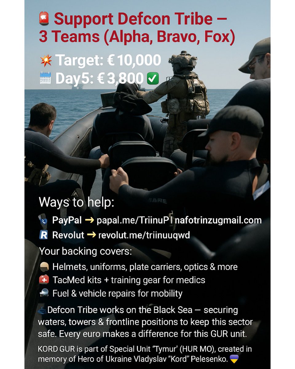 🌊 Defcon Tribe = GUR unit on Black Sea
Day 5: €3,800 ✅ | Goal €10,000

Every euro = safety, mobility, survival.
Let’s push it past €4,000 today 💪

Donate 👇
PayPal 👉 paypal.me/TriinuP
Revolut 👉 revolut.me/triinuuqwd