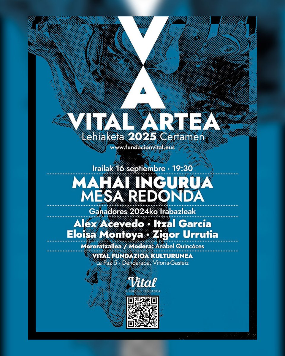 Esta tarde Vital Fundazioa Kulturunea acogerá la mesa redonda con las y los ganadores del certamen Arte Vital 2024.

¡Te esperamos a partir de las 19:30! Entrada libre hasta completar aforo.