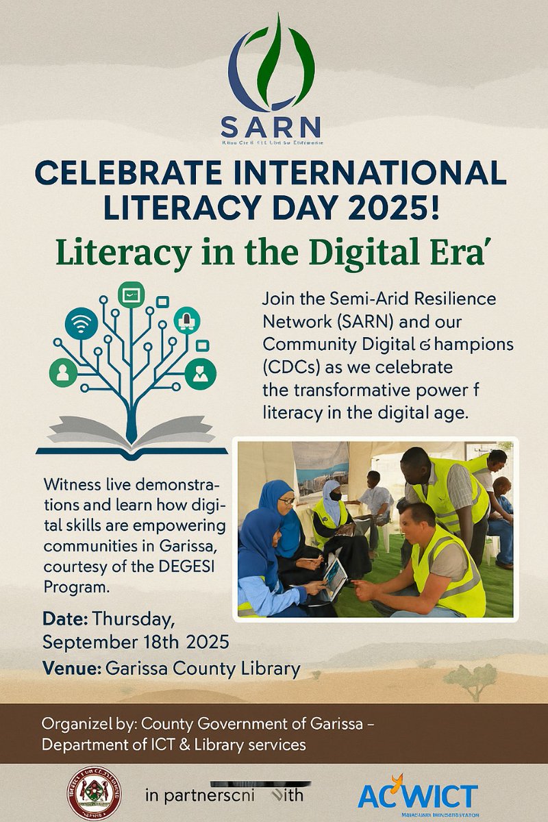 Join us to celebrate #InternationalLiteracyDay2025 in #Garissa Library grounds on this thursday on 18th September 2025.
#internationalliteracyday2025
#digitalliteracy 
#Digitalinclusion
#DEGESI
#ACWICT