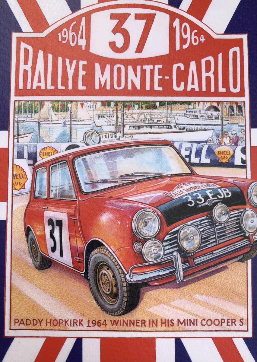 ClannaCards's tweet photo. In 1964 Paddy Hopkirk won the Rallye Monte-Carlo in his iconic Mini Cooper S. It was great to see the Mini at the @goodwoodrevival which is featured on our very popular #greetingcard #mini @PGLiveLondon #cars #posters https://t.co/B3fO0ALiv1