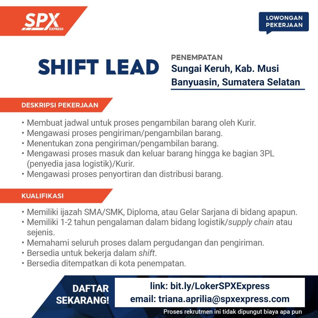 iceopennetworkk's tweet image. 🚚 WE ARE HIRING – SPX EXPRESS 🚚
Posisi: Shift Lead
📍 Penempatan:
1️⃣ Plakat Tinggi
2️⃣ Sungai Keruh
3️⃣ Babat Supat (Kab. Musi Banyuasin)
👉 Kirim CV terbaru ke: triana.aprilia@spxexpress.com
atau daftar via link: bit.ly/LokerSPXExpress

#ShopeeExpress #ShiftLead #LowonganKerja
