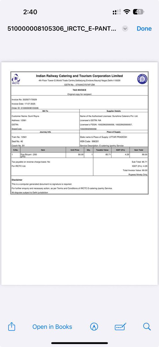 sunilroyra's tweet photo. @RailMinIndia @IRCTCofficial @eCateringIRCTC @RailMadad I had pre booked a meal for my travel on 19th July 2025 for PNR: 6754653068 (Train No: 12561 CNB-NDLS) by paying the amount from Irctc mobile app. Meal was not delivered and no intimation too https://t.co/yPyc3GLR6q