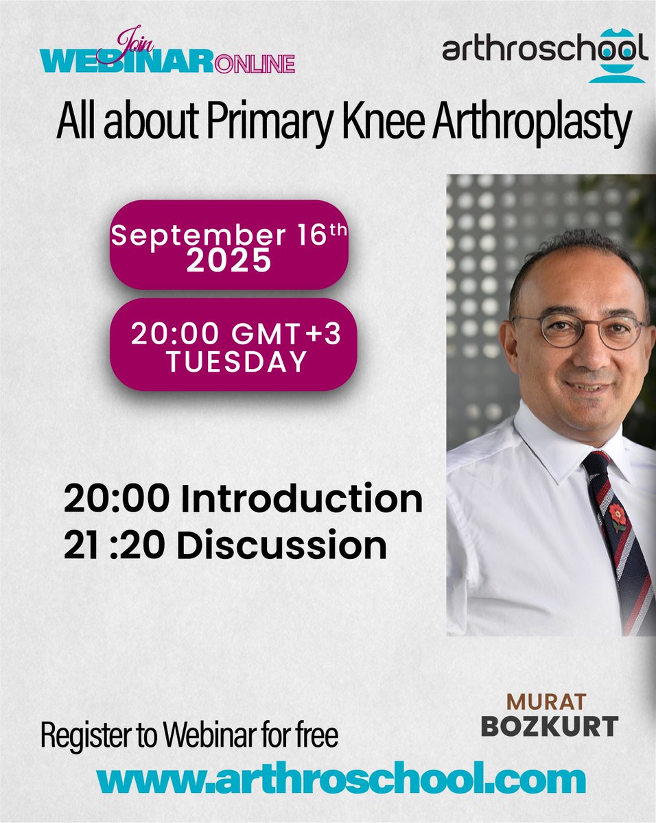 arthroschool's tweet photo. Today's the day! Join us for the webinar on "All about Primary Knee Arthroplasty" with moderator Murat Bozkurt. The webinar begins at 20:00 GMT+3.

Free to register!  https://t.co/5EPIOpCGB3

#KneeArthroplasty #Orthopedics #Arthroschool https://t.co/avwdZlKCDB