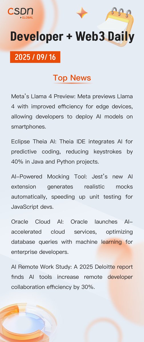 CSDN Global (@csdn_global) on Twitter photo 📰Developer + Web3 Daily | 2025.09.16
🚀Top Headlines:   
•  Meta’s Llama 4 Preview: Meta previews Llama 4 with improved efficiency for edge devices, allowing developers to deploy AI models on smartphones.
•  Eclipse Theia AI: Theia IDE integrates AI for predictive coding, 📰Developer + Web3 Daily | 2025.09.16
🚀Top Headlines:   
•  Meta’s Llama 4 Preview: Meta previews Llama 4 with improved efficiency for edge devices, allowing developers to deploy AI models on smartphones.
•  Eclipse Theia AI: Theia IDE integrates AI for predictive coding,