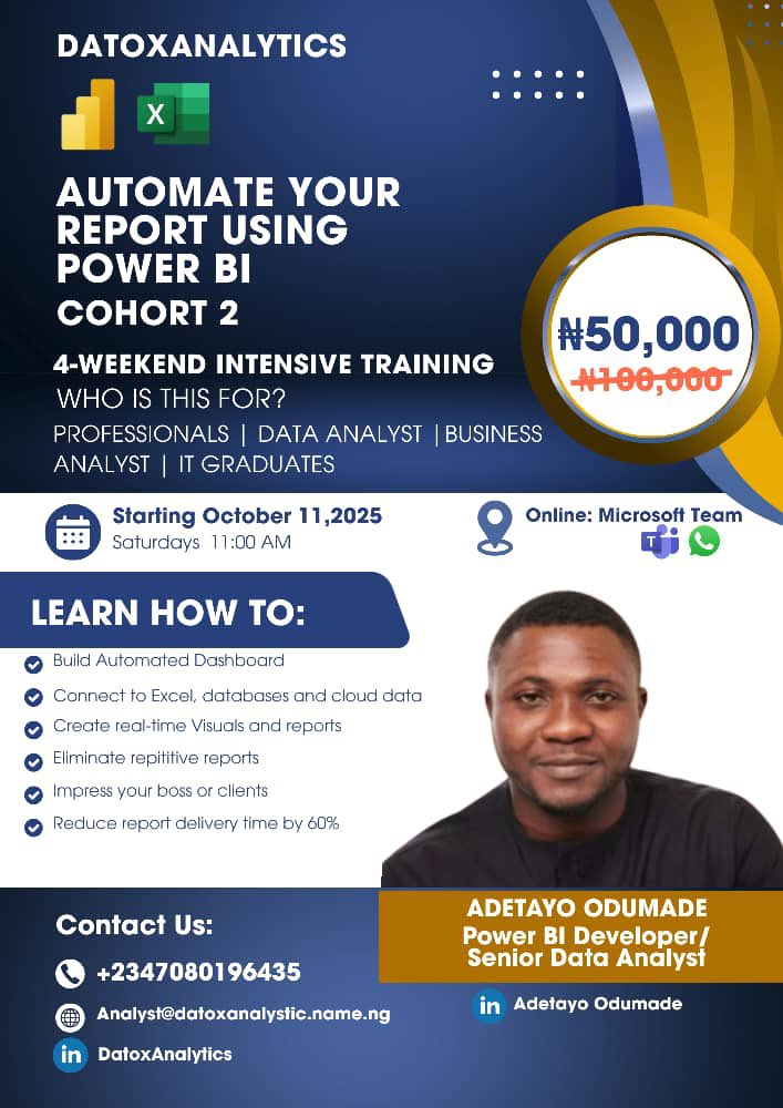 theamebonation's tweet photo. 🚀 Back by popular demand! We’re opening registration for the 2nd Cohort of our Power BI Training 🎉. Learn how to transform raw data into powerful insights, build interactive dashboards, and gain hands-on skills that set you apart. Limited slots available—secure yours today! https://t.co/7U44sy9a6B