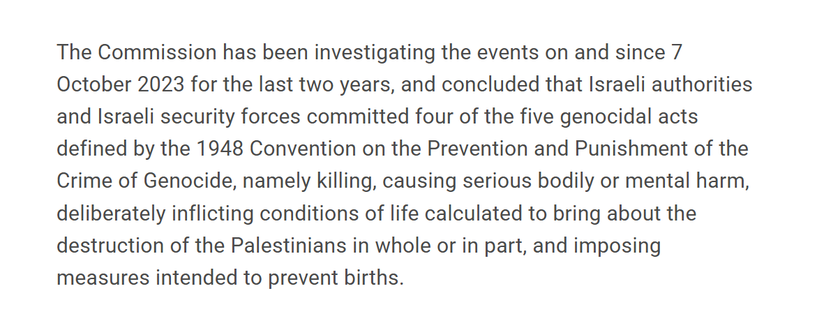 "Israel has committed genocide in #Gaza" - concludes UN Commission of Inquiry.

All states have legal obligations to end the genocide &amp; punish those responsible.

"The absence of action to stop it amounts to complicity"

ohchr.org/en/press-relea… #HRC60