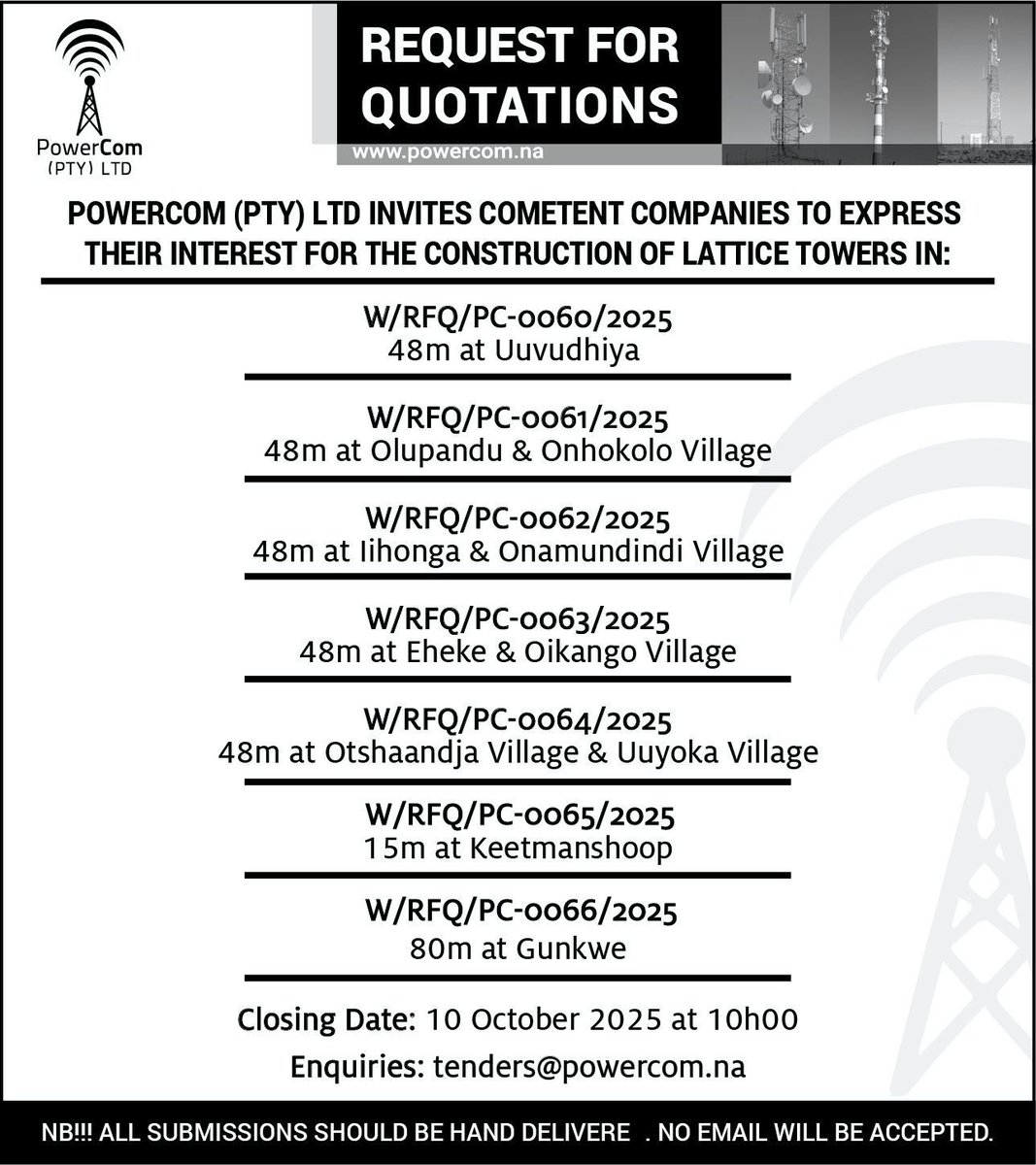 Procurement opportunities at PowerCom - Construction of Lattice Towers

#opportunities #towerbusiness #passiveinfrastructures