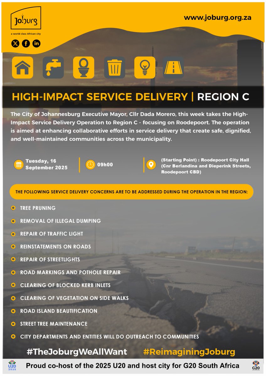 MyJRA's tweet photo. 🚨 Today, City of Joburg is launching the High Impact Service Delivery Operation in Roodepoort, Ward 84, focusing on road maintenance, streetlight repairs, horticultural maintenance, waste management, &amp; by-law enforcement. @DadaMorero @CityofJoburgZA @crumregionc #JoburgServices https://t.co/i2AYT9qD7C