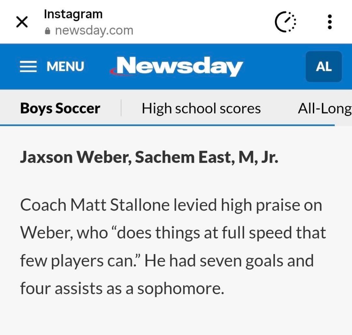 Congratulations to Junior Jaxson Weber on being selected to Newsday Top 100 Boys Soccer players on Long Island for 2025! Great accomplishment!