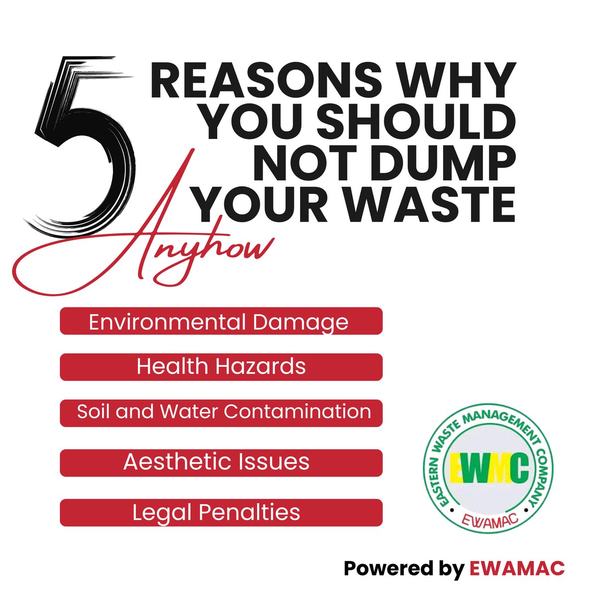 EWAMAC10's tweet photo. FIVE Reasons Why You Should Not Dump Your Waste Anyhow
Dumping waste recklessly leads to environmental degradation, poses health hazards, and contaminates our vital soil and water resources.
#Ewamac
#WasteManagement https://t.co/FtRoIDXWr5