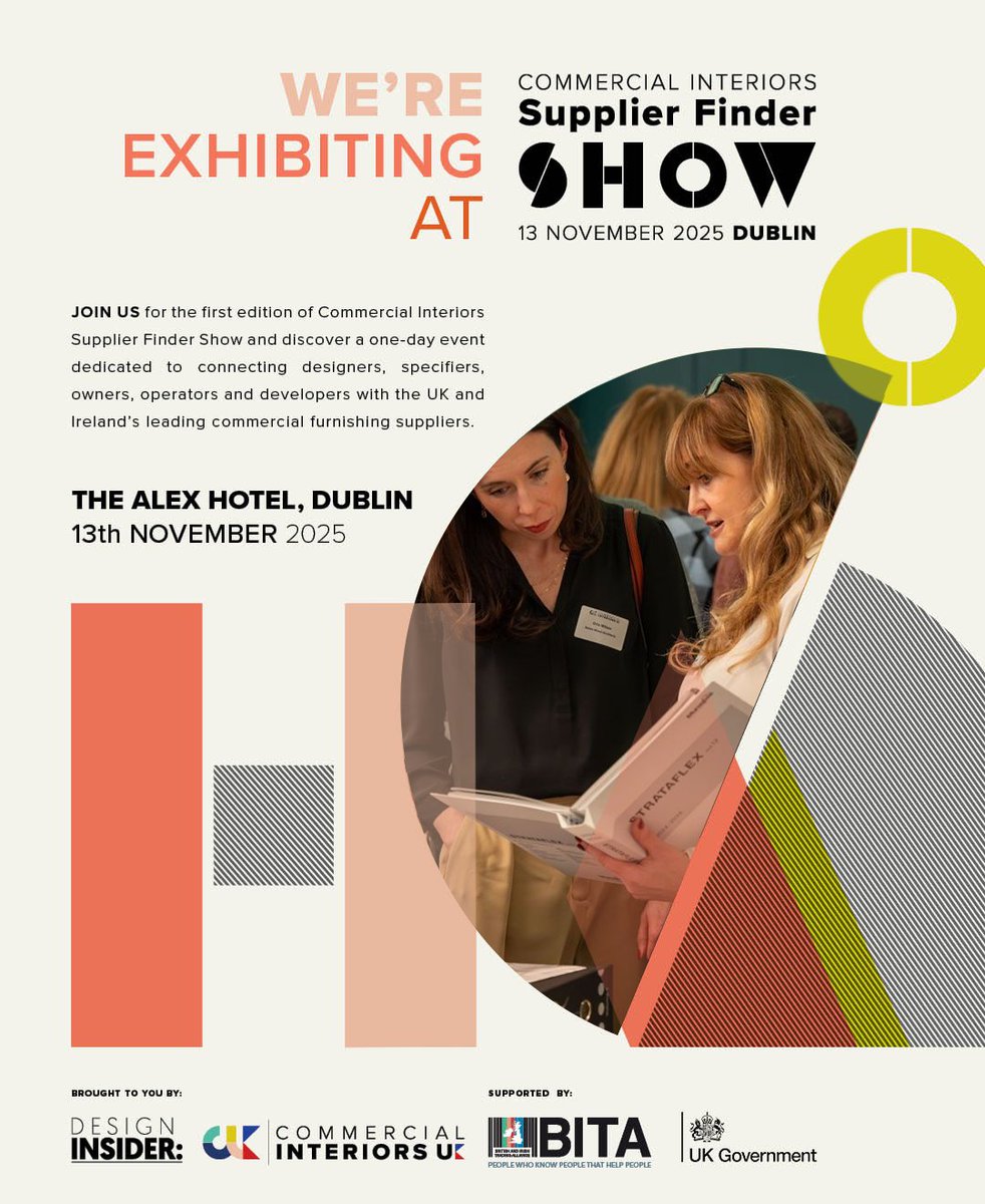 📣 Thrilled to join the Commercial Interiors: Supplier Finder Show – Dublin 2025, hosted by CIUK!
📍 13 Nov, The Alex Hotel
✨ Explore trends, connect with leaders &amp; network.
🎟️ Free tickets → tickettailor.com/events/commerc…

#SupplierFinderShow #CIUKEvents #CommercialInteriors