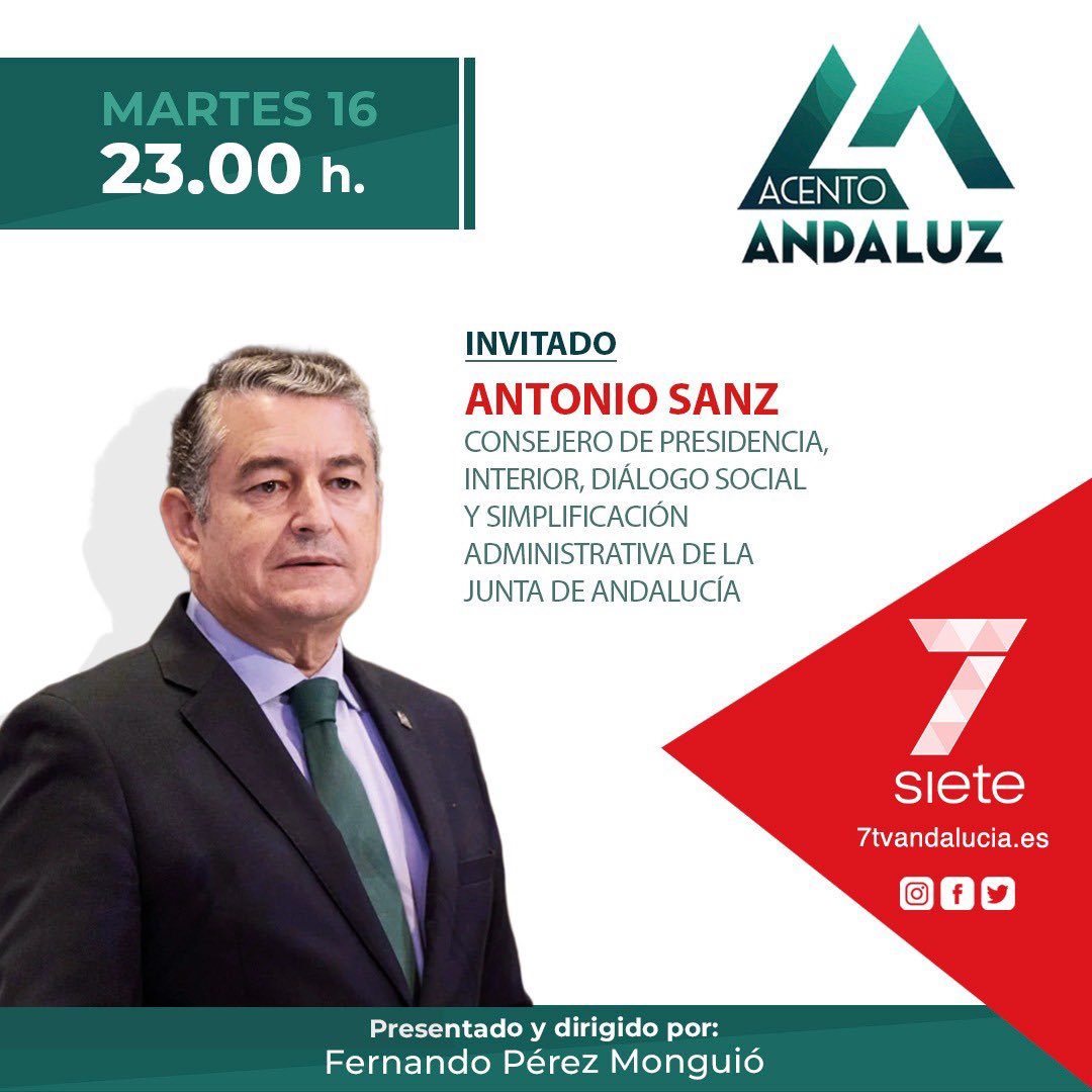 <a href="/antoniosanz/">Antonio Sanz Cabello</a> esta noche en <a href="/AcentoAndaluz7/">Acento Andaluz</a>  de <a href="/7TVAndalucia/">7TV Andalucía</a>
A las 23 horas <a href="/FP_Monguio/">Fernando P. Monguió</a> entrevistará al consejero <a href="/InteriorJunta/">Consejería de la Presidencia y Emergencias</a> de la <a href="/AndaluciaJunta/">Junta de Andalucía</a> con la ayuda de <a href="/silviamorenon/">Silvia Moreno</a> de <a href="/elmundoes/">EL MUNDO</a> e <a href="/Leon_Inma/">Inma León</a> de <a href="/elespanolcom/">EL ESPAÑOL</a> Columna de <a href="/diegopsuarez/">Diego Suárez</a>