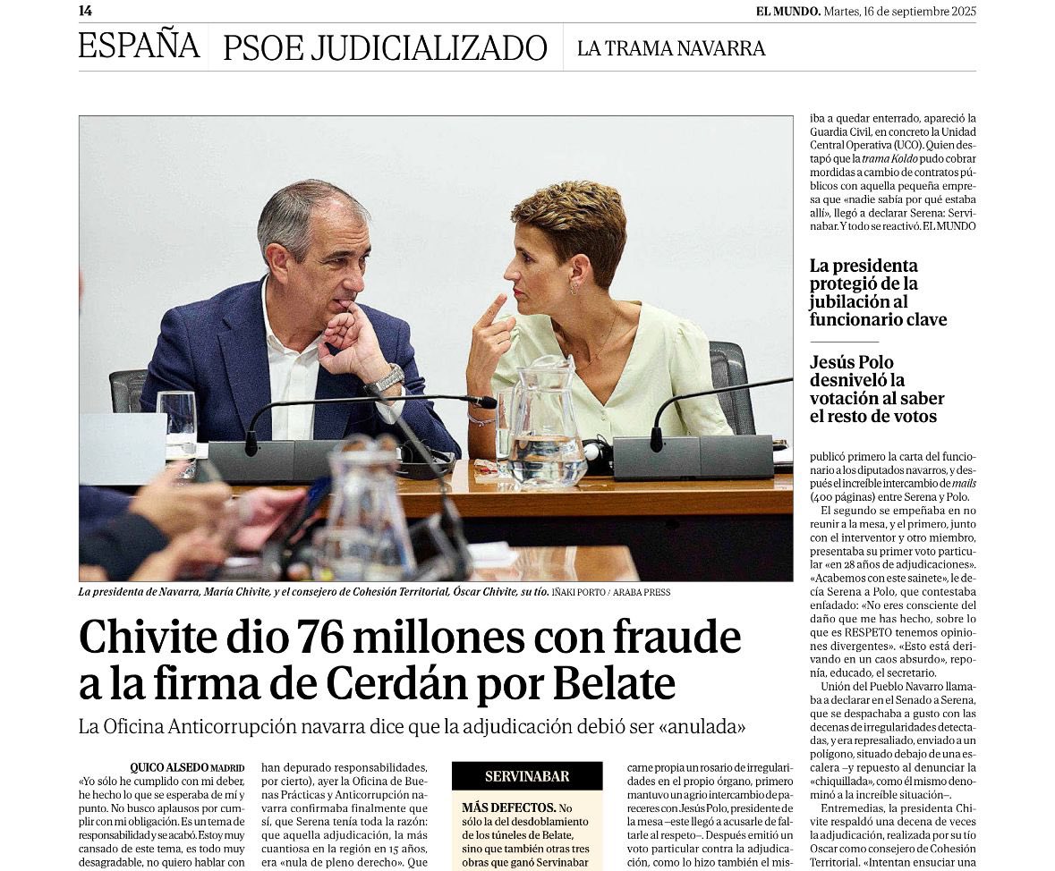 El gobierno de Navarra es una pieza fundamental de la trama corrupta que rodea al Gobierno y al partido de Pedro Sánchez. 

Es muy grave. Urgen las explicaciones.