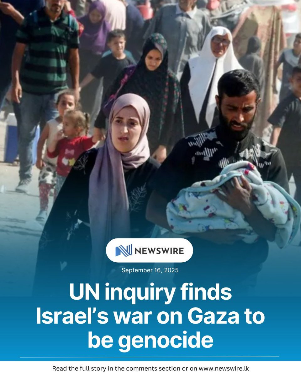 NewsWireLK's tweet photo. “The Commission concludes that the Israeli authorities and Israeli security forces have the genocidal intent to destroy, in whole or in part, the Palestinians in the Gaza Strip,” UN Independent International Commission of Inquiry on the Occupied Palestinian Territory, Chair, Navi Pillay, said, announcing the findings of the inquiry. 

D: https://t.co/OS0Mm7nvn9