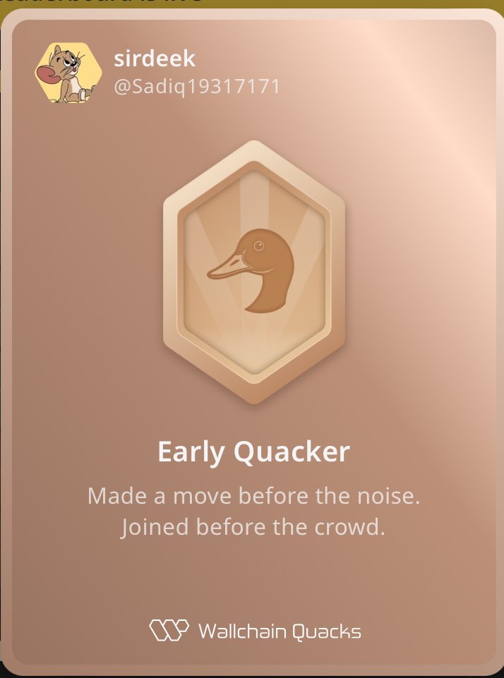 Just unlocked the Early Quacker on @wallchain_xyz 🏆

How cool is that?

Feels great to have my contributions recognized.

How’s Wallchain Quacks been treating you so far?

Not on board yet? Drop a comment for an invite 👇🦆