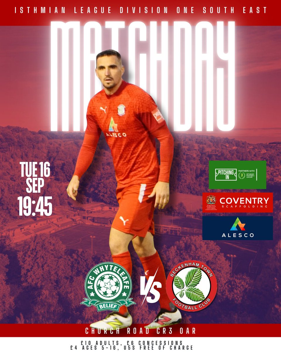 Beckenham Town FC (@beckenhamtownfc) on Twitter photo Matchday β½οΈ
On the road for this evening's clash with <a href="/AFCWhyteleafe/">AFC Whyteleafe</a>.
Only a short hop down to CR3 so get yourself down and back the Becks! Matchday β½οΈ
On the road for this evening's clash with <a href="/AFCWhyteleafe/">AFC Whyteleafe</a>.
Only a short hop down to CR3 so get yourself down and back the Becks!