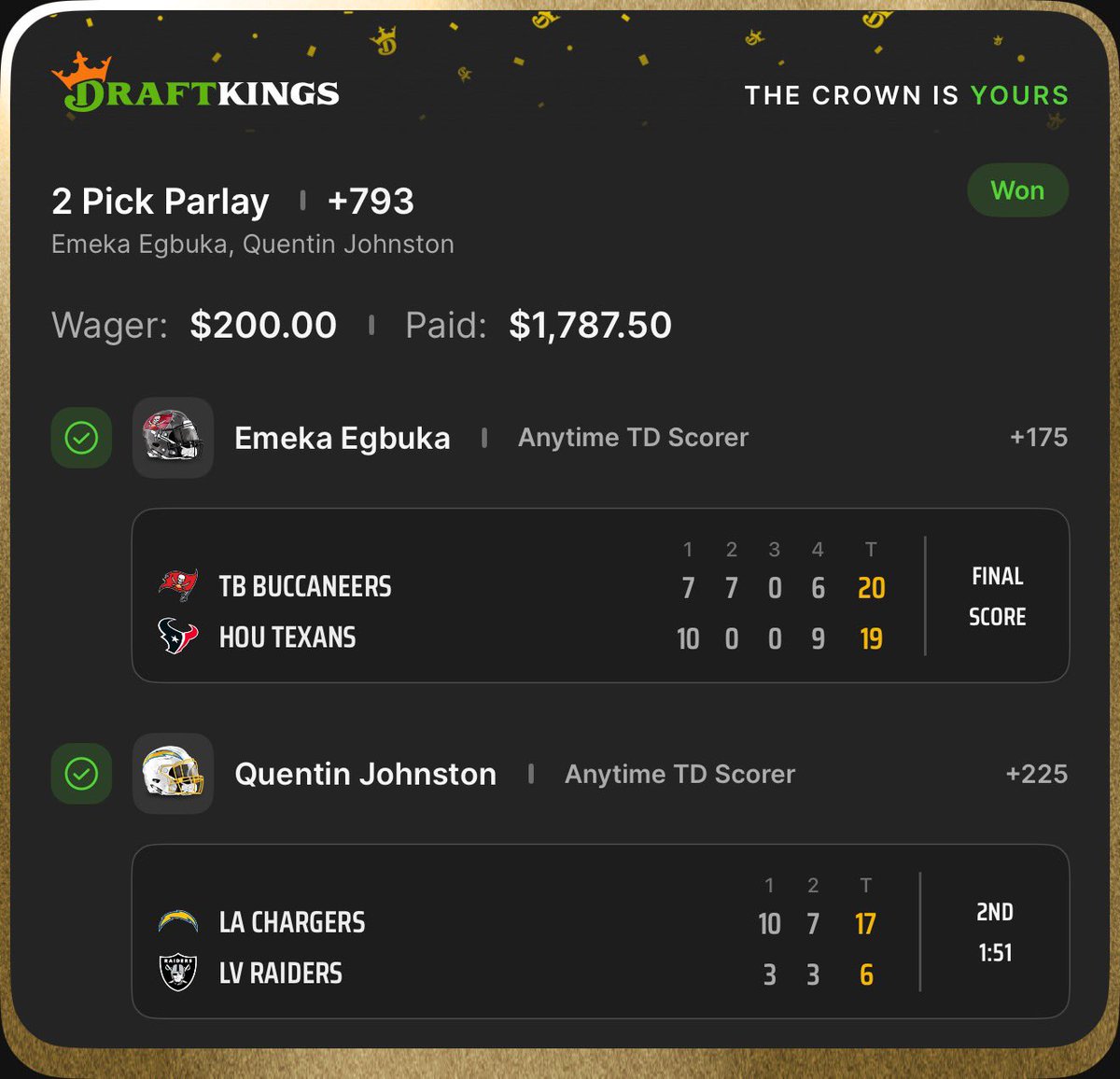 onlyparlays's tweet photo. Another HUGE night to cap off an amazing week 2 🔥 https://t.co/g417H7YYQo