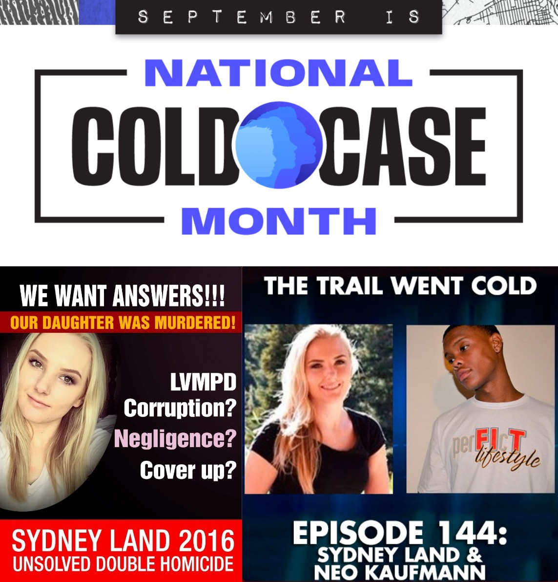 dougpoppa1's tweet image. The Trail Went Cold Podcast, published October 9, 2019. -- On October 27, 2016, in Las Vegas, Nevada, 21-year-old Sydney Land and her 20-year-old boyfriend Nehemiah Kauffman are found shot to death inside Sydney&apos;s apartment. Link to the audio podcast: open.spotify.com/episode/6sV4z9…