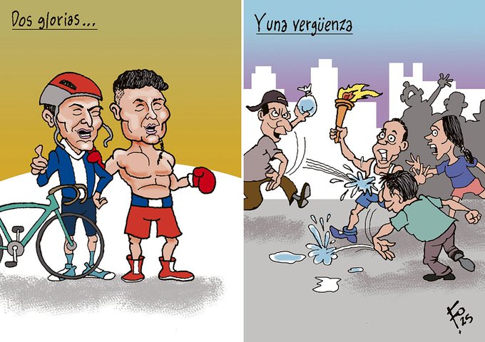 Two caricatures side by side. On the left, two muscular men, one wearing a cycling helmet and holding a bicycle, the other in boxing gloves and red shorts, both smiling and giving a thumbs-up. On the right, several people in casual clothing, one holding a torch, others falling or splashing water, with city buildings in the background. Text reads "Las glorias..." on the left and "Una vergÃ¼enza" on the right.