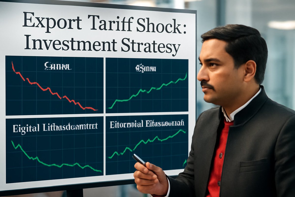 export_india007's tweet photo. Investors: The export tariff shock means stay cautious with textile &amp; gem stocks, but watch emerging sectors like digital infrastructure and electronics manufacturing for growth. #InvestmentStrategy https://t.co/5AOv1A4Vnm