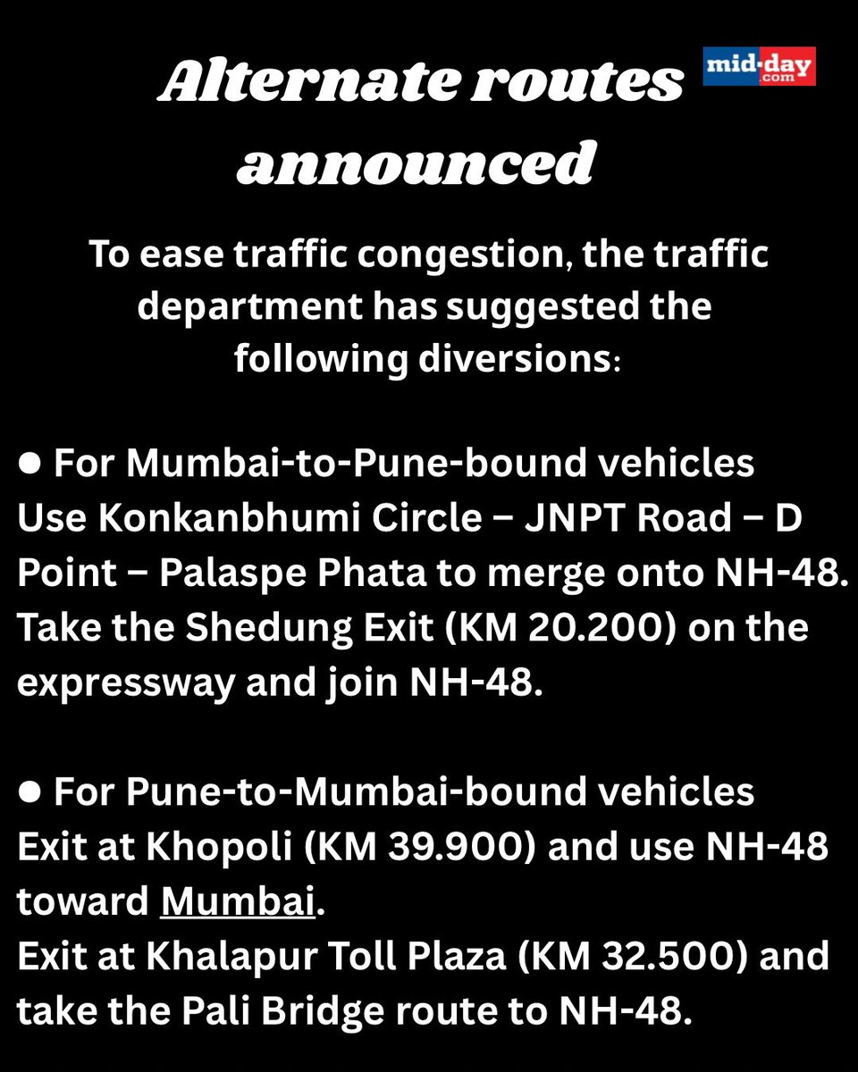 mid_day's tweet image. Attention commuters! The Mumbai-Pune Expressway will remain completely closed to traffic near Kone Bridge (KM 9.500–10.000) on Tuesday, between 2 PM and 3 PM. 

The shutdown, affecting both directions (Mumbai–Pune and Pune–Mumbai), is due to essential electricity-related work by…