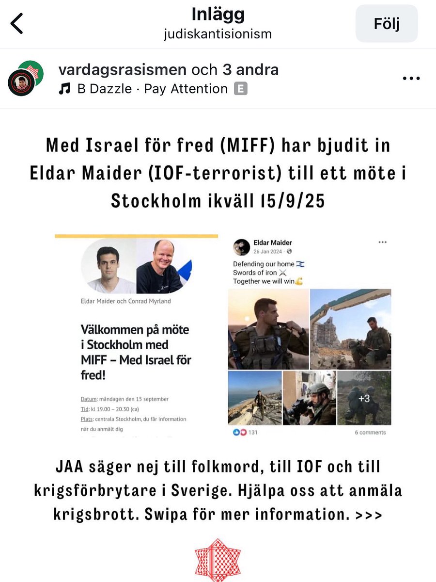 <a href="/edvinalam/">Edvin Alam</a> Fast nu bjöd nån idiot in IDF till en lokal i skolan eller i anslutning till den. Det är en oerhörd säkerhetsmiss. Demonstranterna spred inte infon om idf-mötet. De ska ha beröm för det. Det hade kunnat bli 77000 demonstranter istället för sju.