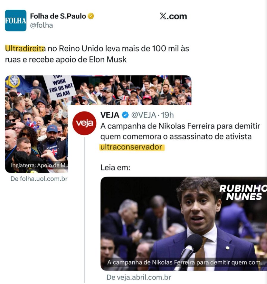 - Mal eu estava me acostumando a ser chamada de “extrema-direita”, mas a extrema imprensa já nos promoveu para “ultradireita”. 
Dinâmico, não? 
-Mal posso esperar as redundâncias de magnitude para SUPER, MEGA, HIPER! 😆
