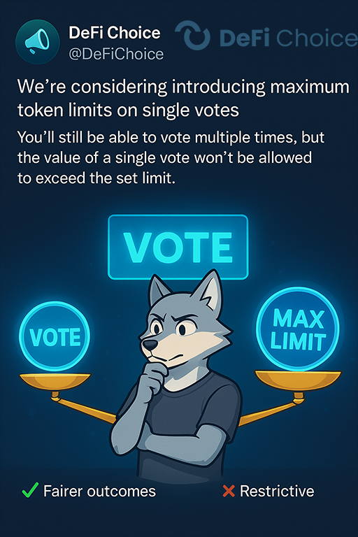 🗳️ Big update brewing at <a href="/DeFiChoice/">DeFi Choice</a>!

Right now, one whale vote can swing the tide of an entire poll in the final seconds ⚡ But what if there was a cap on the maximum tokens per single vote?

👉 You’d still be free to vote multiple times.
👉 You’d still stack incentives if