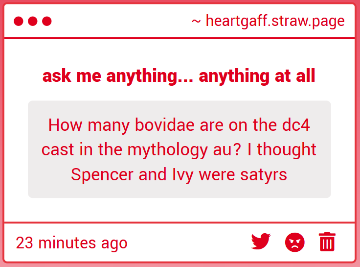 only 2! logan (sea goat) and isabel (lamb) are the only ones. ivy (deer, fallow+caribou) is in cervidae and spencer is... well he's a dragon and always has been so im not sure where that came from😭idfk man. reptile? Varanidae or some shit