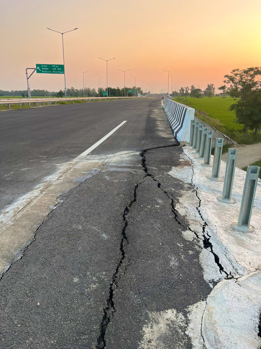 ShivrattanDhil1's tweet photo. Imagine this NH 754AD, the Bathinda–Ludhiana Greenfield National Highway that is connecting with NH 54, part of a 700 km Bharatmala stretch across several states. 

Now let me point out the reality: just a 75 km stretch of this project has been built at a staggering cost of ₹2,461.64 crores that’s roughly ₹32 crores per kilometre. 

And yet, before even being properly inaugurated, parts of it are already crumbling. Not even a kilometre in, the surface is eroding just mud underneath with a thin layer of concrete laid on top.

Does this look like a highway built to last? Was ₹32 crores per kilometre really spent here? Beyond corruption, this is a serious safety hazard. 

Let’s face it India needs foreign expertise in highway construction. There’s no shame in admitting it. With corruption and poor execution eating into taxpayer money, our so-called highways are turning into liabilities instead of assets.

@NHAI_Official @nitin_gadkari