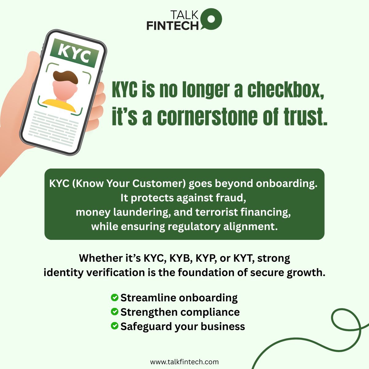 talk_fintech's tweet photo. In FinTech, trust starts with identity.
KYC isn’t just compliance, it’s strategy. From onboarding to fraud prevention, verifying customers drives growth and resilience.
https://t.co/2UDL5ybnj9
#KYC #FinTech #Compliance #DigitalIdentity #FraudPrevention #RegTech #TalkFintech https://t.co/HxeGD27Ep9