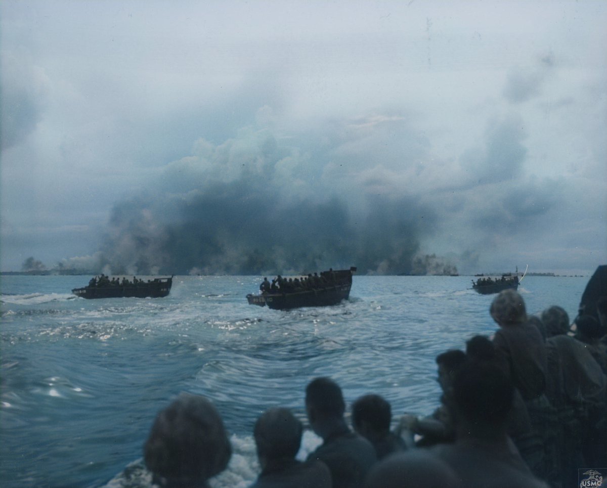 US Marines in assault craft approaching Peleliu, Palau Islands, 15 Sep 1944