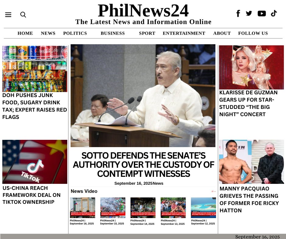 PhilNews24's tweet image. PhilNews24 | September 16, 2025
For the latest news, visit: philnews24.org

#HealthTax #AccountabilityPH #PhilHealth #SenatePH #WitnessCustody #TikTokDeal #USChinaRelations #TechSecurity #TitoSotto #KlarisseDeGuzman #TheBigNight #MannyPacquiao #RickyHatton #BoxingLegend